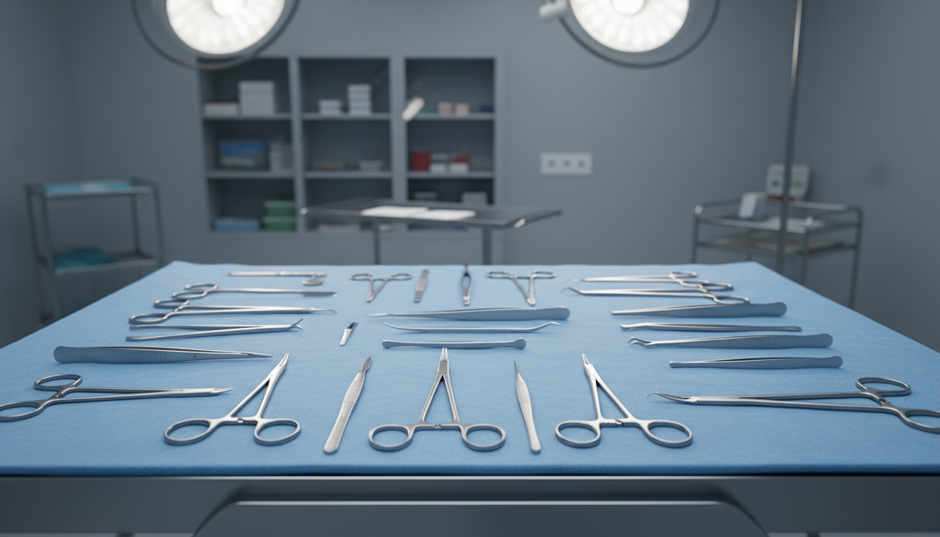 A close-up of precision-manufactured titanium surgical instruments—forceps, scalpels, and clamps—arranged meticulously on a sterilized blue surgical drape atop a smooth, stainless steel operating table. The setting is a spotless, state-of-the-art surgical suite, with glass cabinetry and neutral gray-blue walls diffused in the background. Bright, focused surgical lighting creates refined highlights and minimal shadows, accentuating the instruments’ immaculate surfaces and sharp edges. The composition features a shallow depth of field, bringing the surgical tools into crisp focus while softly blurring the background for clarity. The mood exudes control and reliability, presented in a photographic realistic style that aligns with a professional, business-oriented aesthetic.