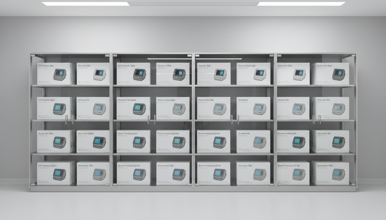 A large, glass-fronted medical supply storage cabinet filled with neatly organized, clearly labeled boxes of diagnostic hardware—such as ECG monitors and portable ultrasound devices—in muted whites, grays, and metallic tones. The cabinet stands against a pristine, light gray wall within a tidy hospital supply room. Subtle indirect lighting from ceiling fixtures gives a balanced, shadow-free illumination, highlighting the structured organization. Shot from a frontal, eye-level angle with sharp focus throughout, the image projects a sense of order and accessibility. The mood is composed and efficient, with a clean, neutral, corporate photographic style that underscores the intermediary role of the business.